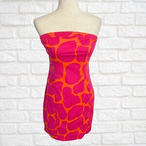 Vintage Tibi Strapless Mini Dress Giraffe Print Pink Orange Size 10 (RUNS SMALL)